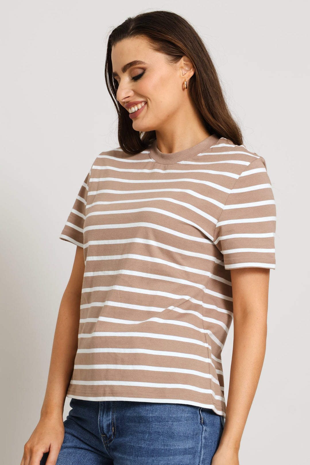 Plain Rib Neck Skinny Stripe Boxy Tee - Taupe/Cream
