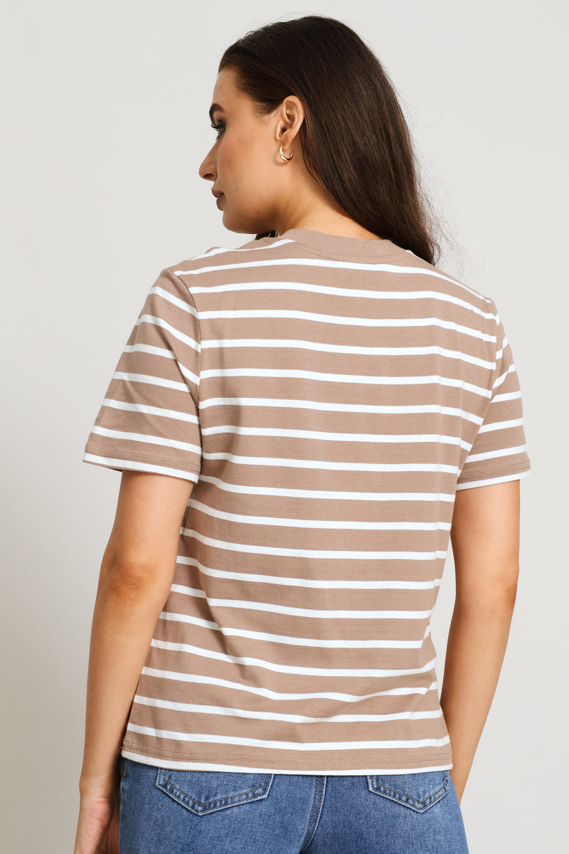 Plain Rib Neck Skinny Stripe Boxy Tee - Taupe/Cream