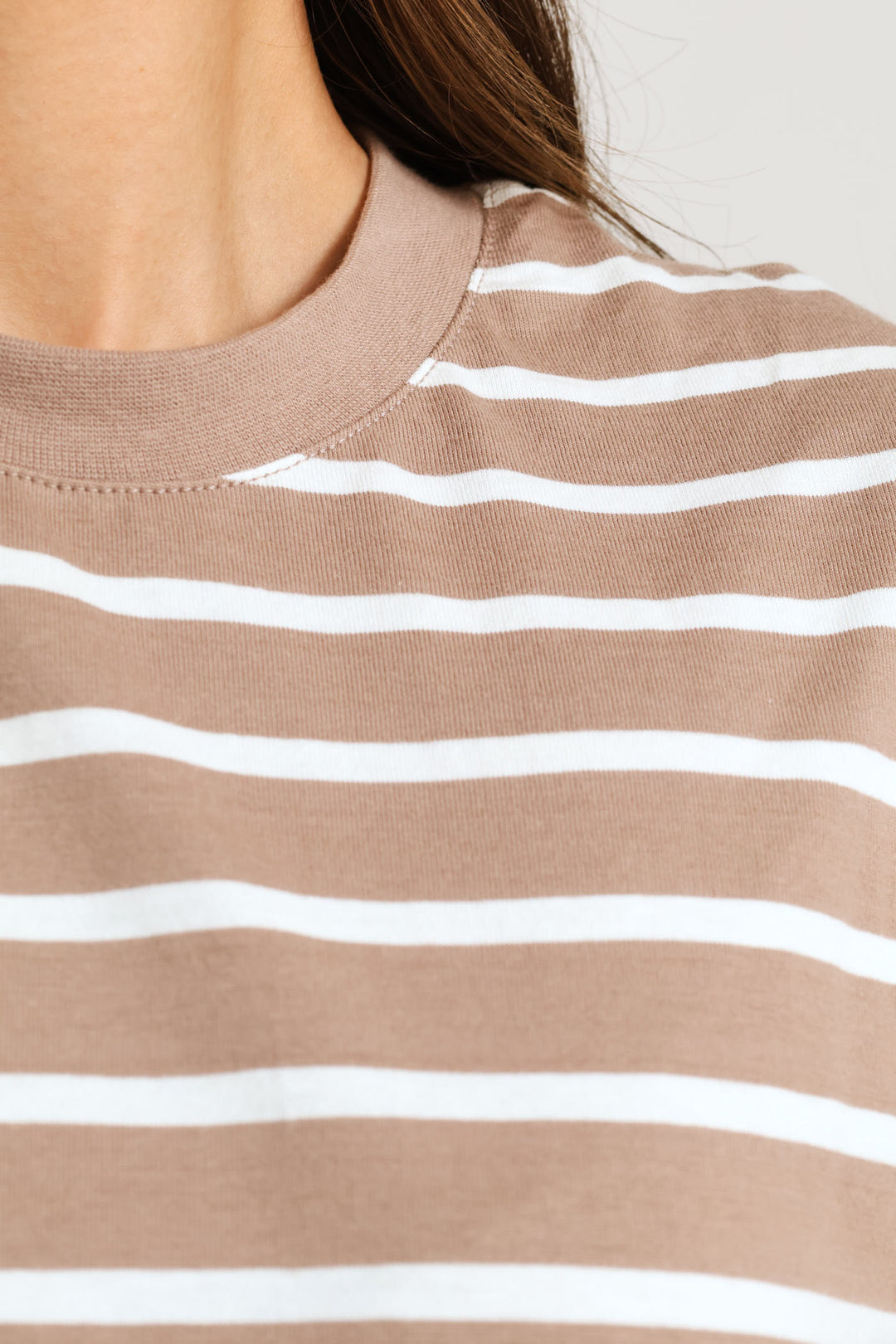 Plain Rib Neck Skinny Stripe Boxy Tee - Taupe/Cream