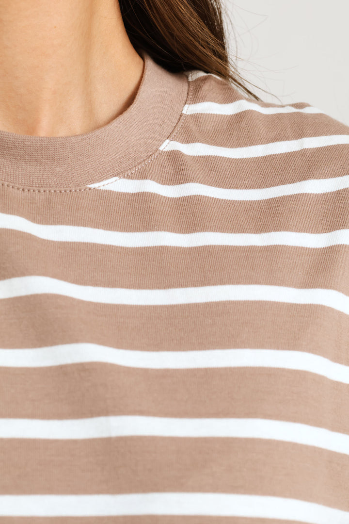 Plain Rib Neck Skinny Stripe Boxy Tee - Taupe/Cream