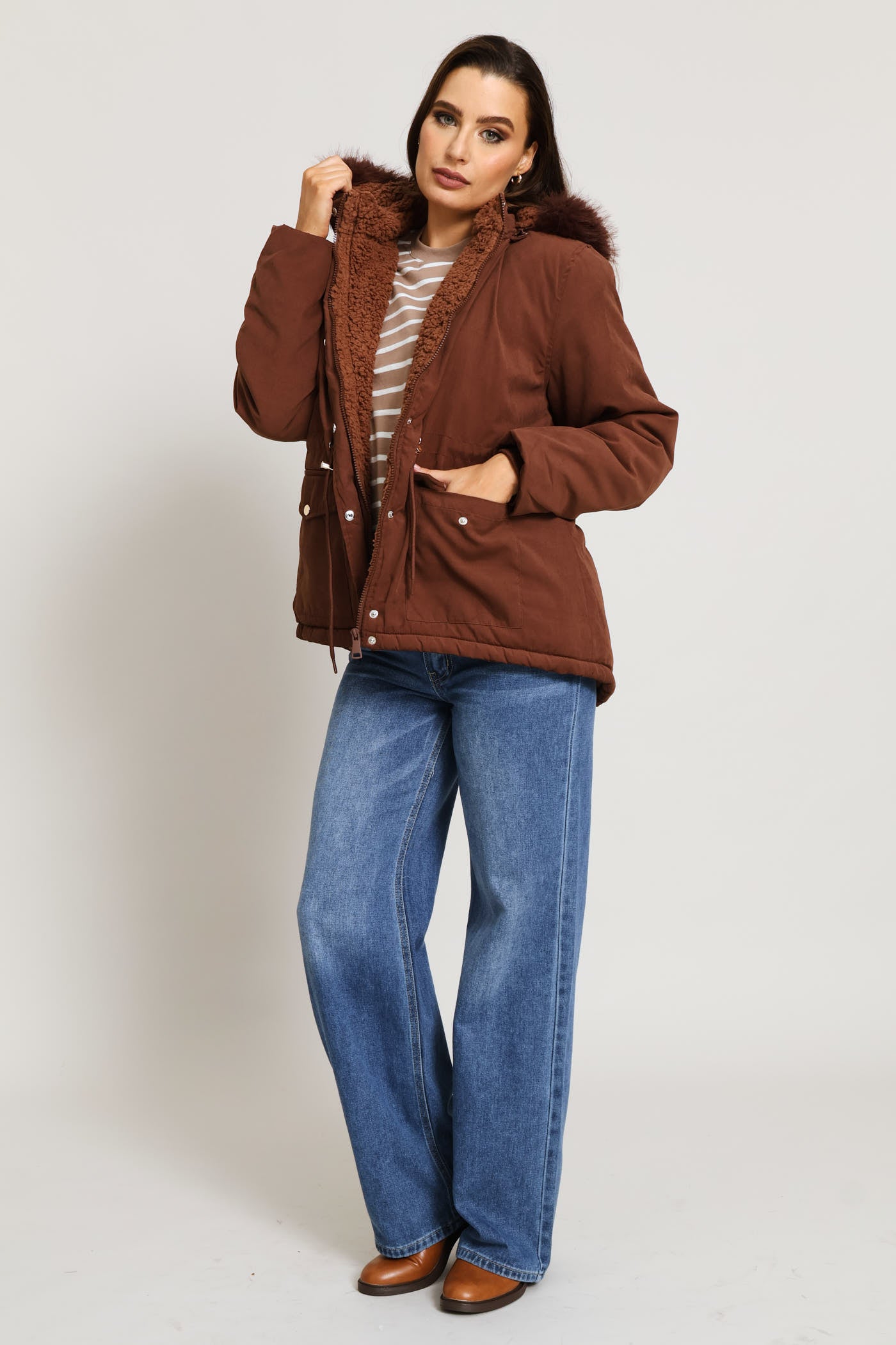 charbon シャルボン SHAGGY FLEECE ZIP PARKA Ladies Sherpa Lined Parka - Chocolate – Edgars
