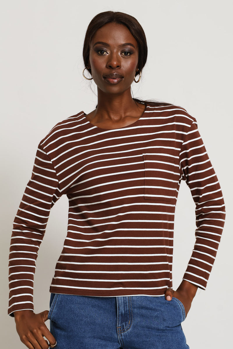 Long Sleeve Stripe Cotton Top - Cream/Chocolate