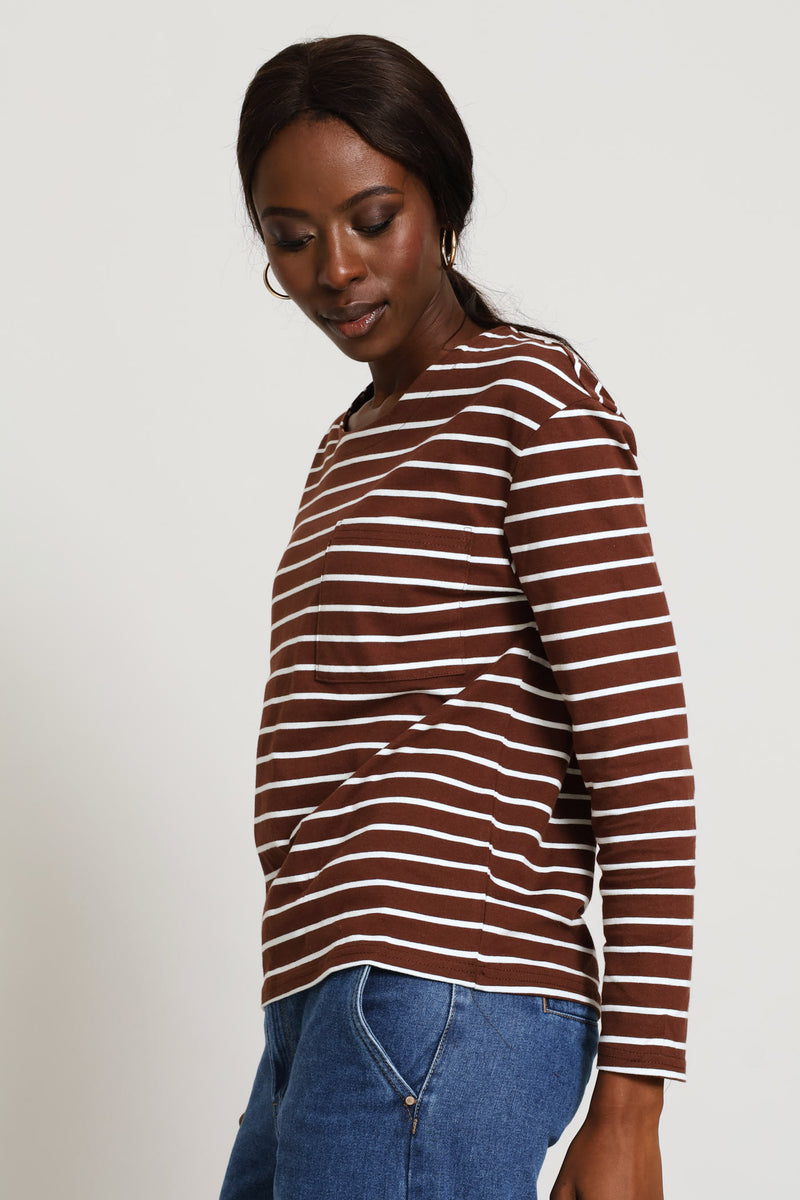 Long Sleeve Stripe Cotton Top - Cream/Chocolate