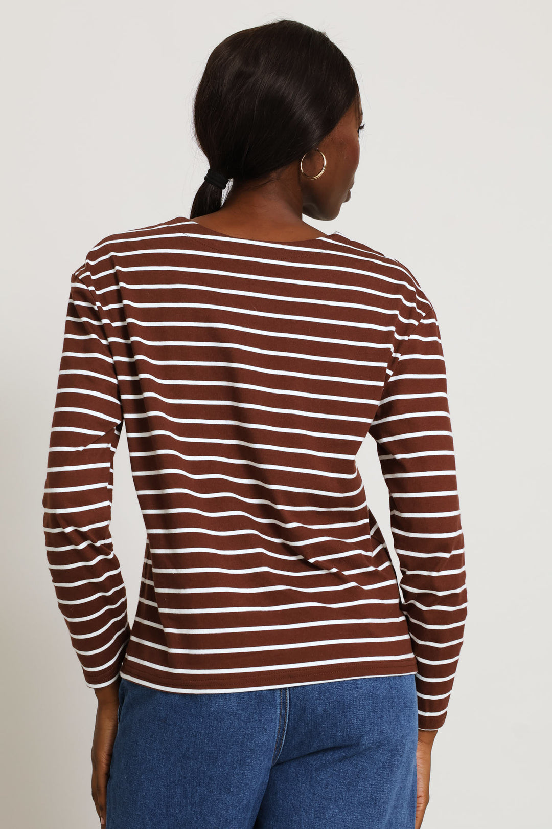 Long Sleeve Stripe Cotton Top - Cream/Chocolate