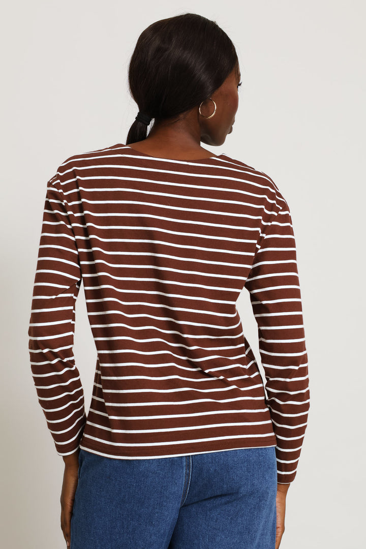 Long Sleeve Stripe Cotton Top - Cream/Chocolate