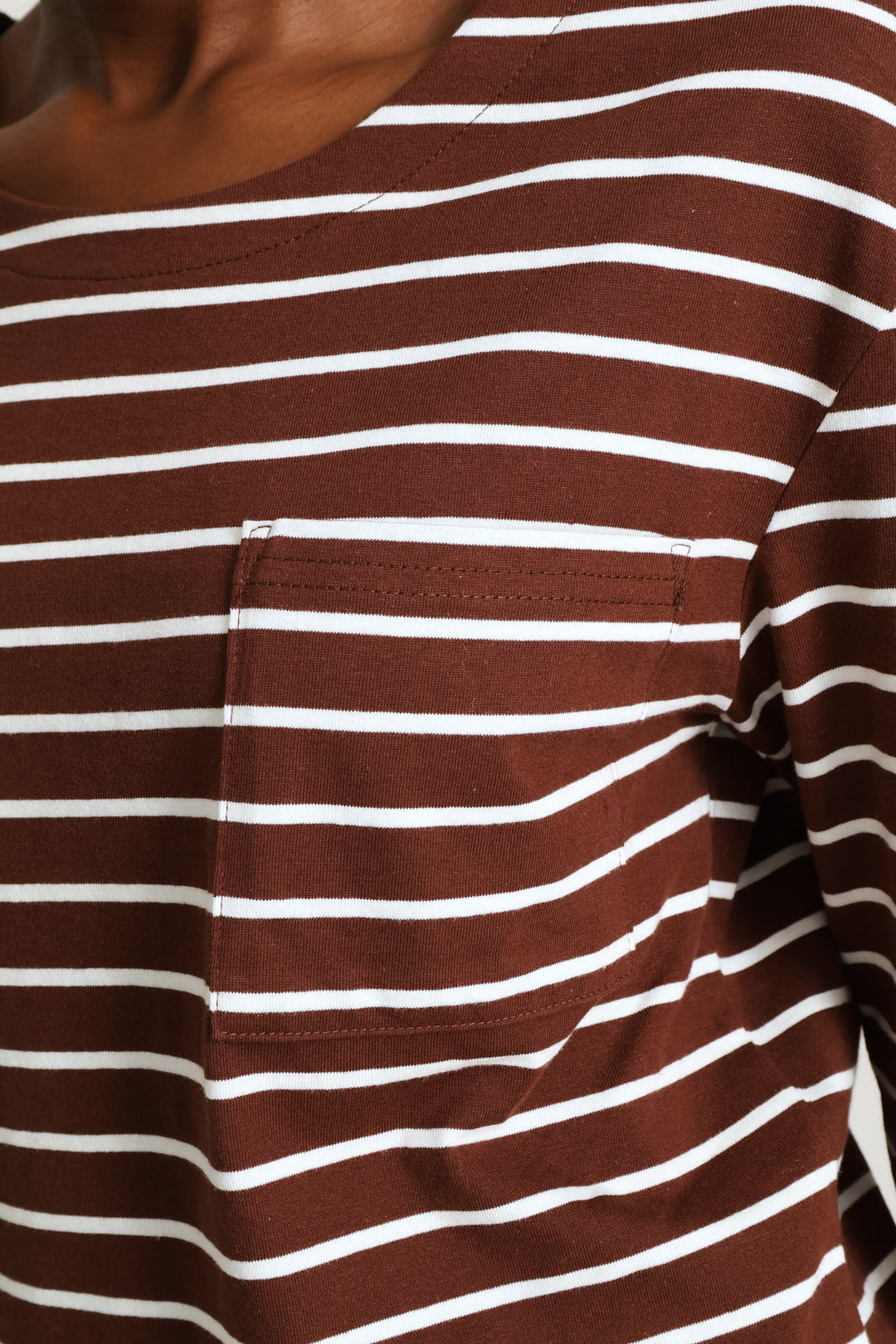 Long Sleeve Stripe Cotton Top - Cream/Chocolate