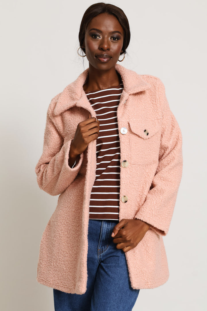 Boucle Belted Utility Shacket - Dusty Rose