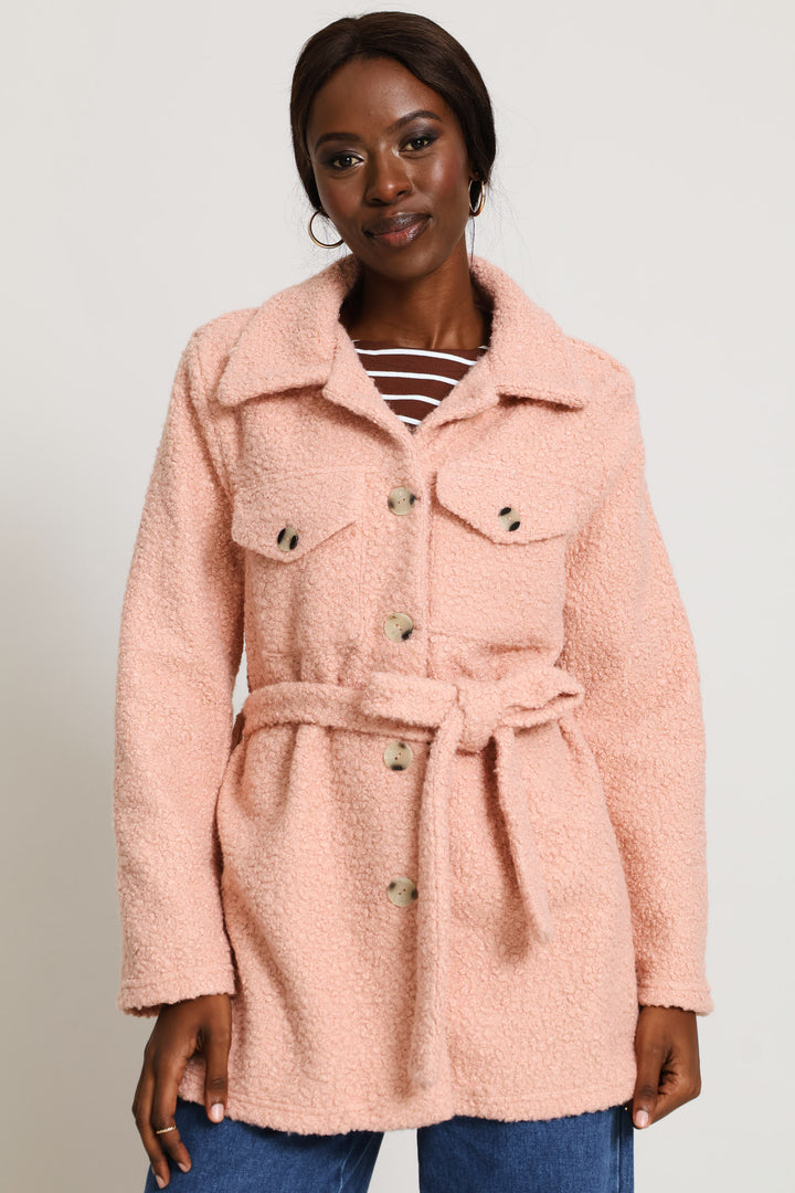Boucle Belted Utility Shacket - Dusty Rose