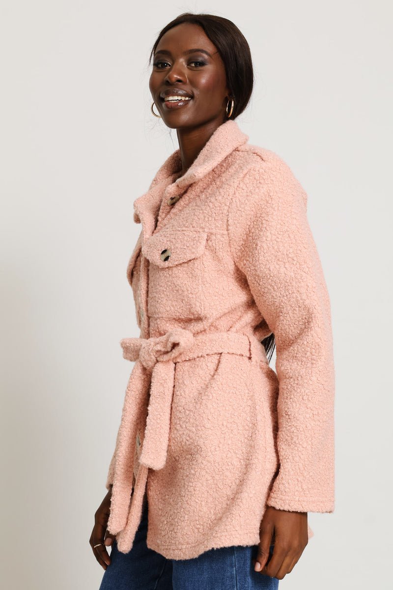 Boucle Belted Utility Shacket - Dusty Rose