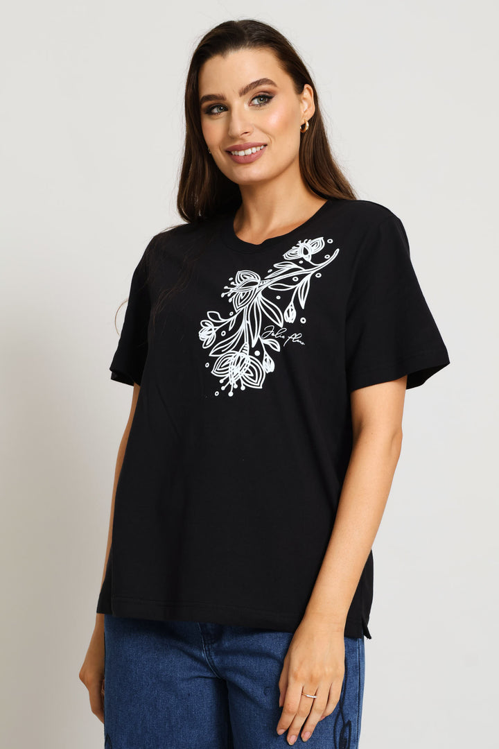 Boxy Puff Placement Floral Tee With Rib Neck - Black
