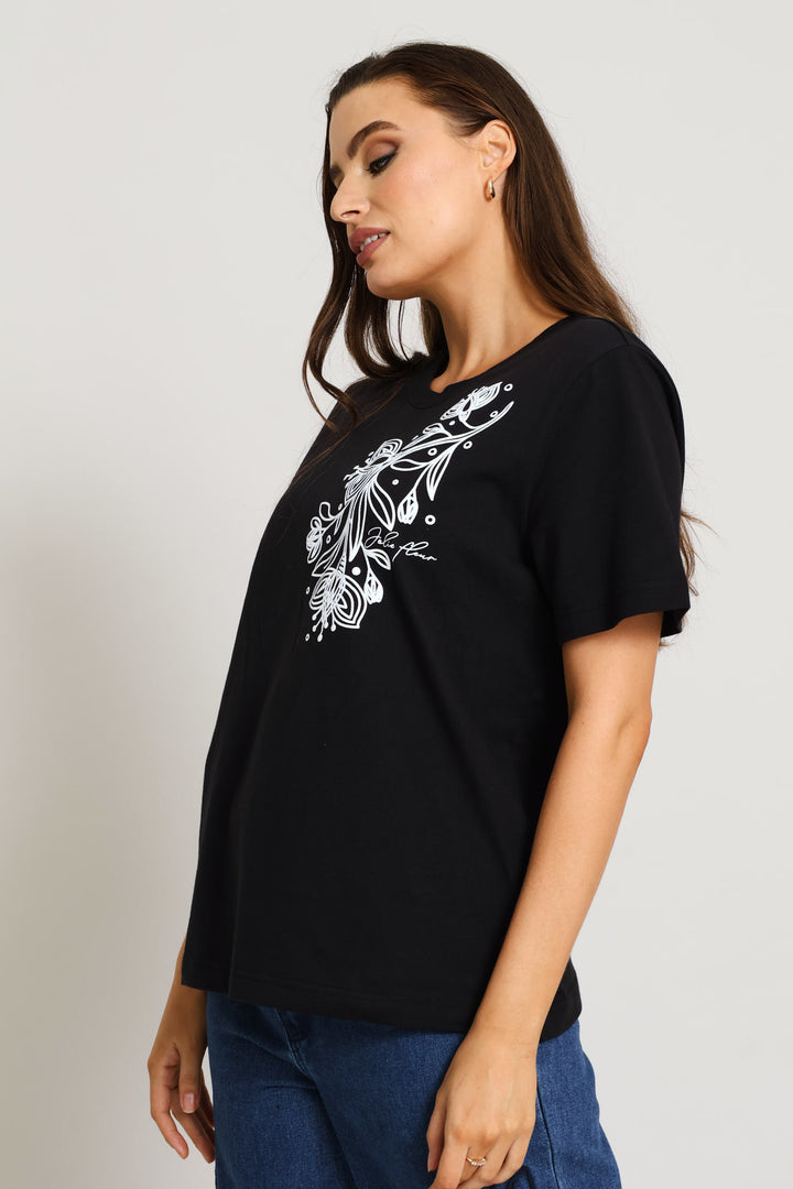 Boxy Puff Placement Floral Tee With Rib Neck - Black