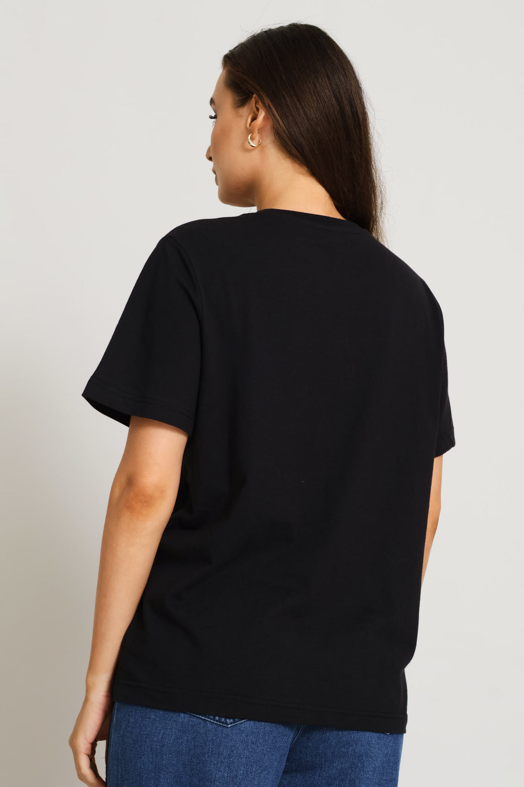 Boxy Puff Placement Floral Tee With Rib Neck - Black