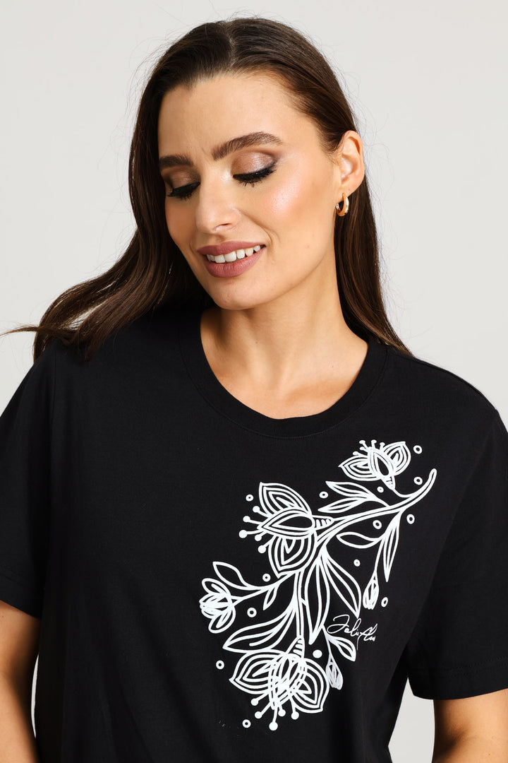 Boxy Puff Placement Floral Tee With Rib Neck - Black