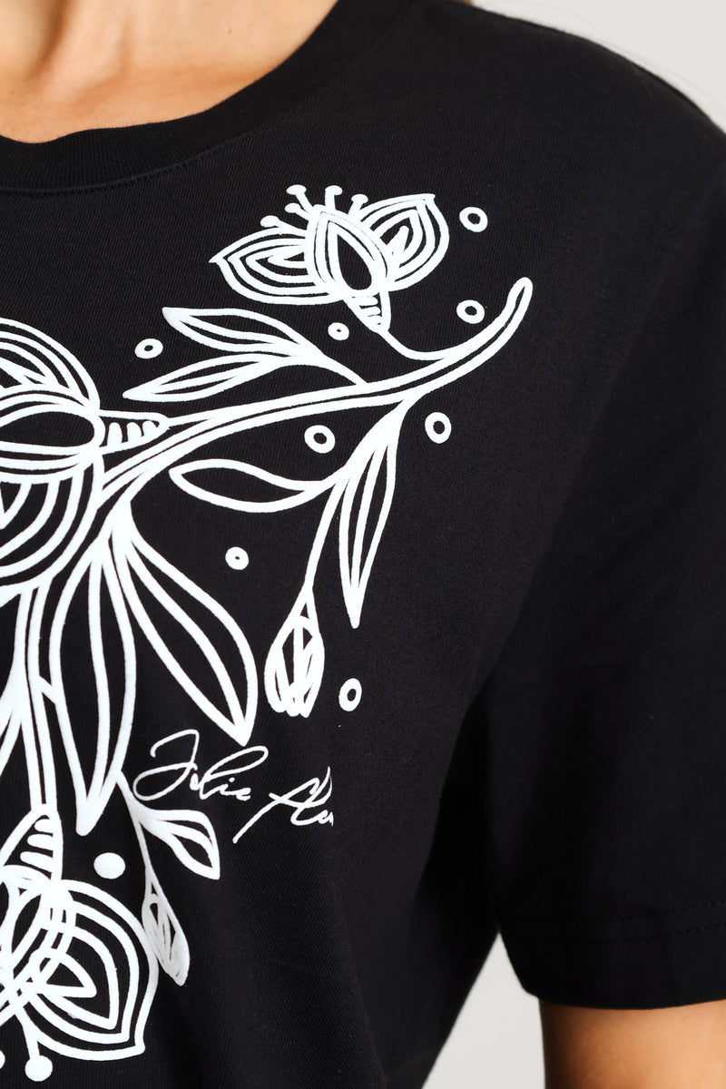 Boxy Puff Placement Floral Tee With Rib Neck - Black