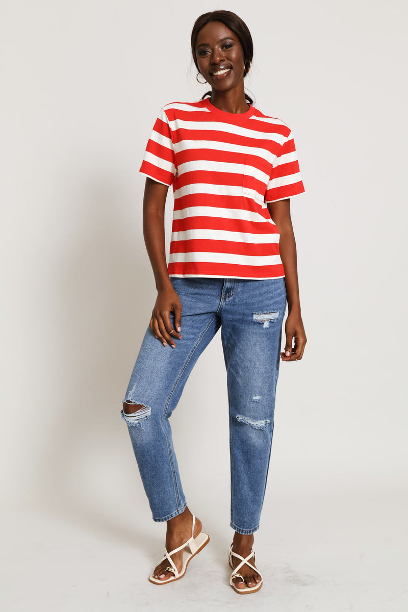 Wide Stripe Rib Neck Cotton Boxy Tee - Stone/Red