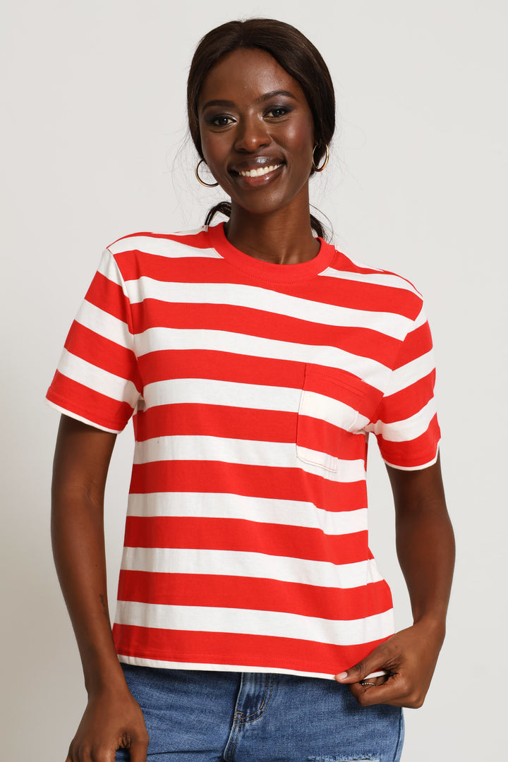 Wide Stripe Rib Neck Cotton Boxy Tee - Stone/Red