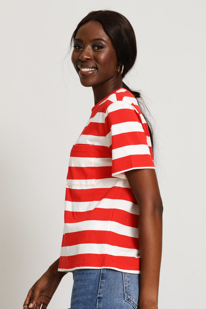 Wide Stripe Rib Neck Cotton Boxy Tee - Stone/Red