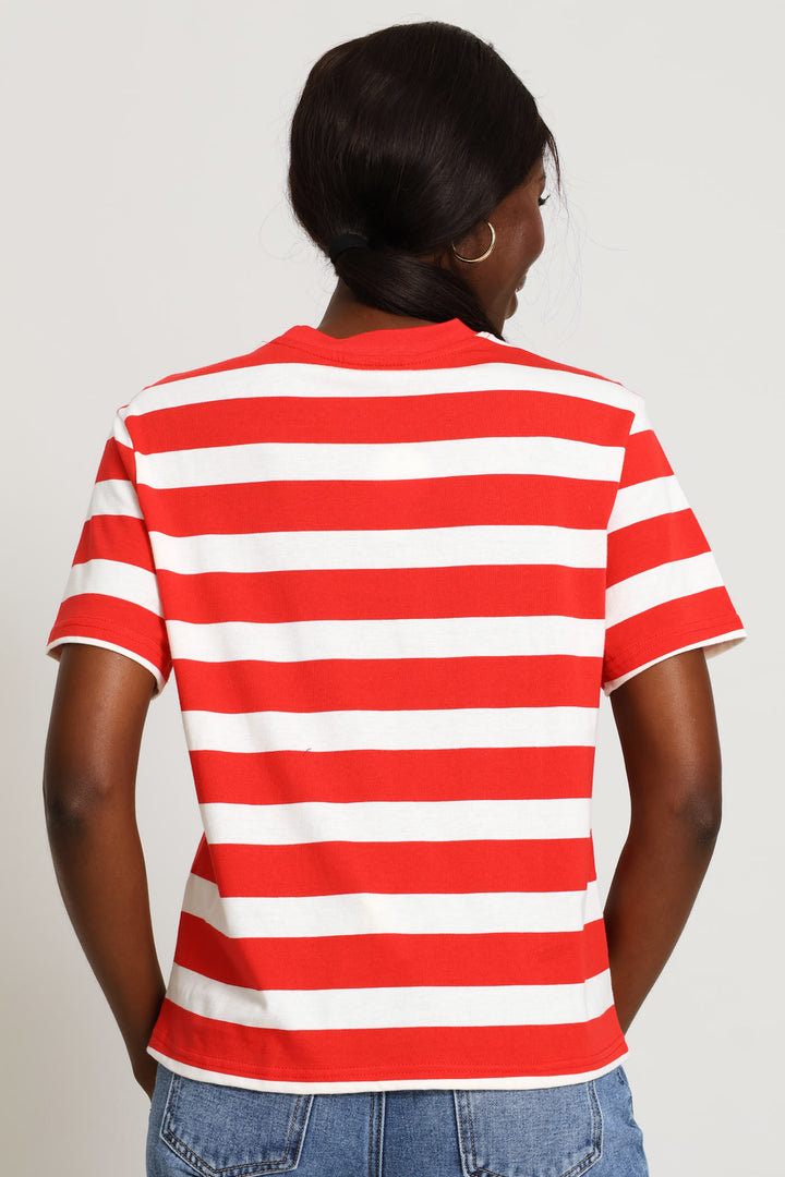Wide Stripe Rib Neck Cotton Boxy Tee - Stone/Red