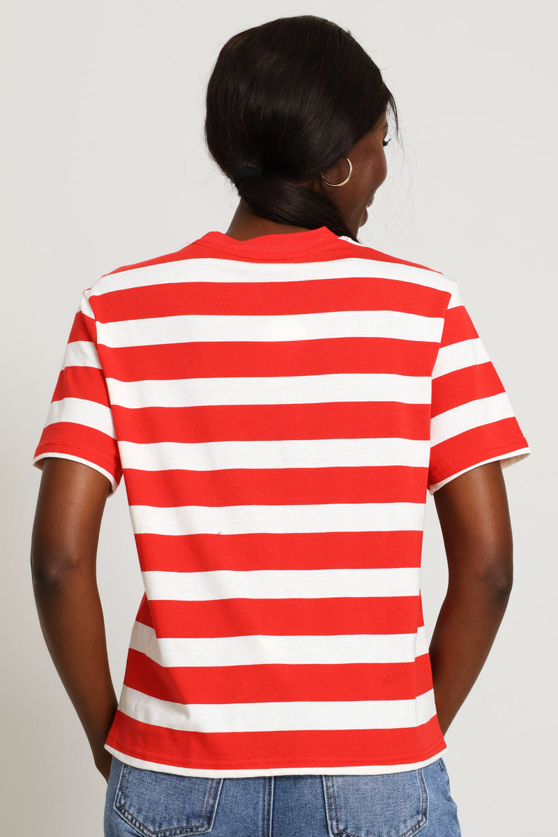 Wide Stripe Rib Neck Cotton Boxy Tee - Stone/Red