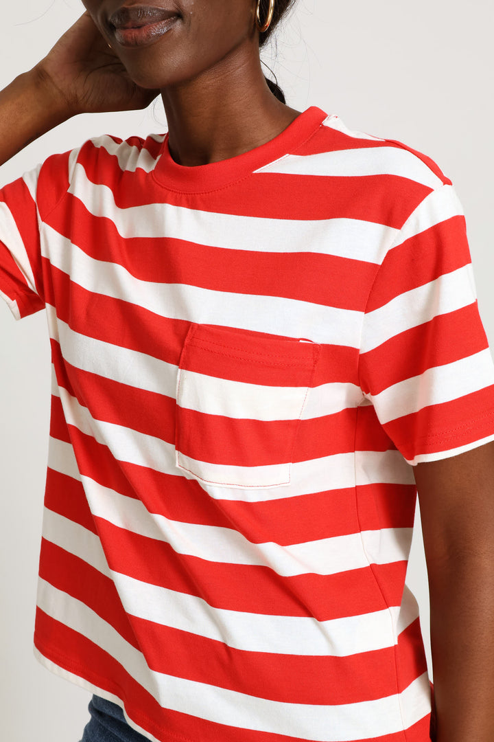 Wide Stripe Rib Neck Cotton Boxy Tee - Stone/Red