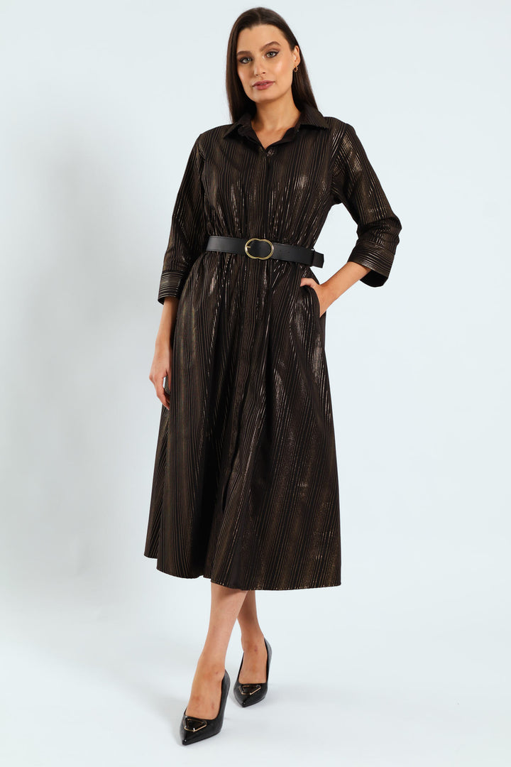 3 Quarter Sleeve Belted Midi Shirt Dress - Black