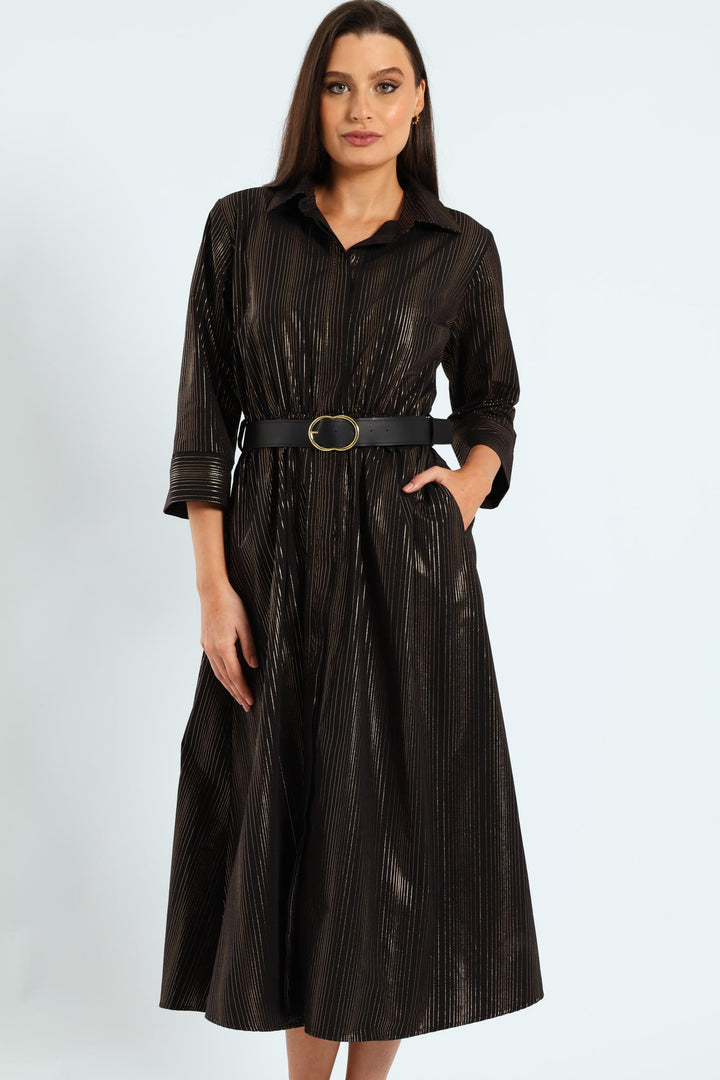3 Quarter Sleeve Belted Midi Shirt Dress - Black