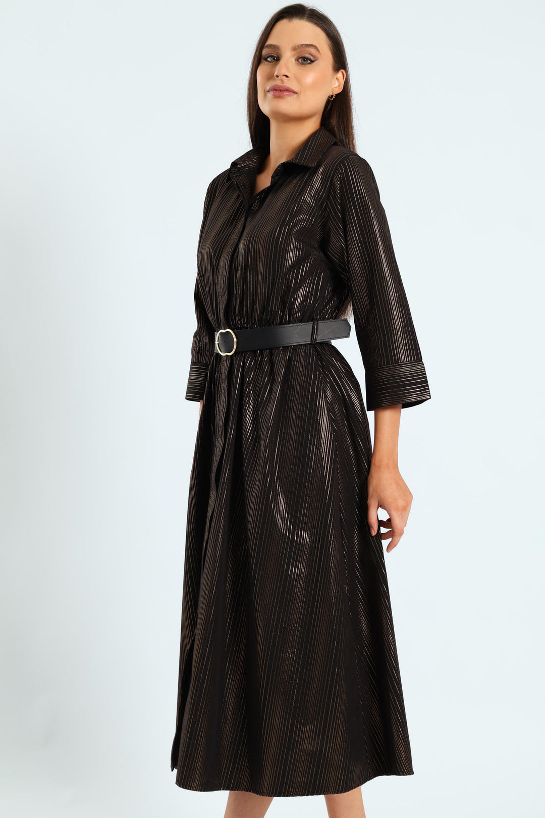 3 Quarter Sleeve Belted Midi Shirt Dress - Black