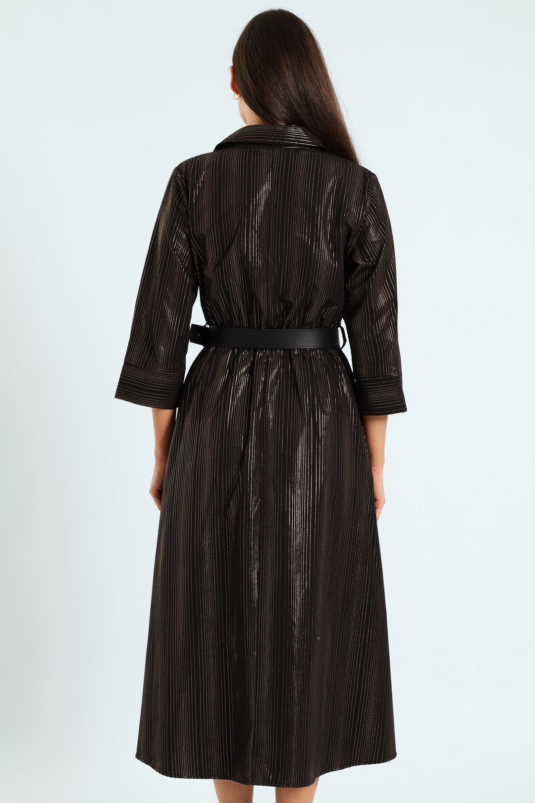 3 Quarter Sleeve Belted Midi Shirt Dress - Black