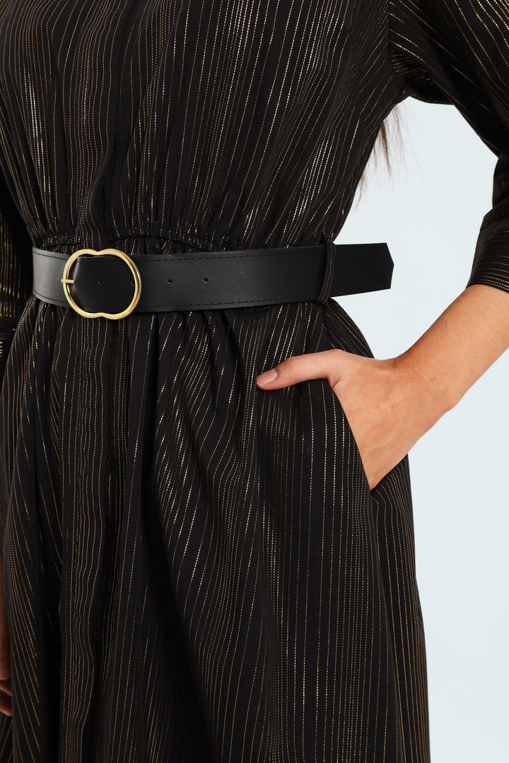 3 Quarter Sleeve Belted Midi Shirt Dress - Black