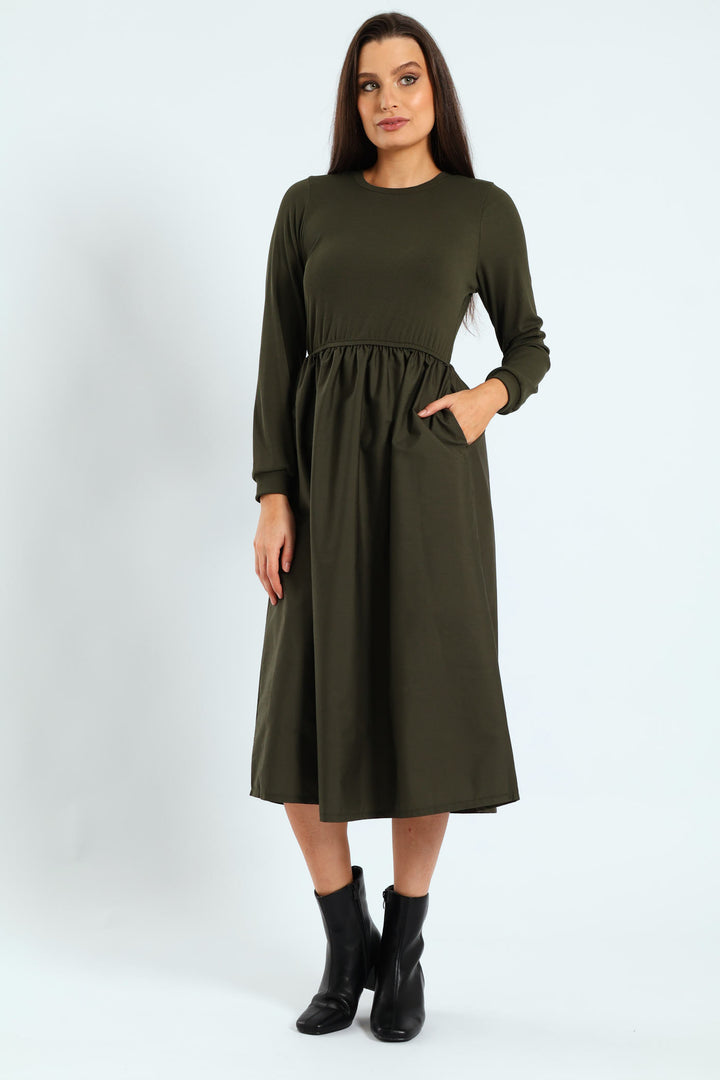 Long Sleeve Rib Combo Midi Dress - Dark Fatigue