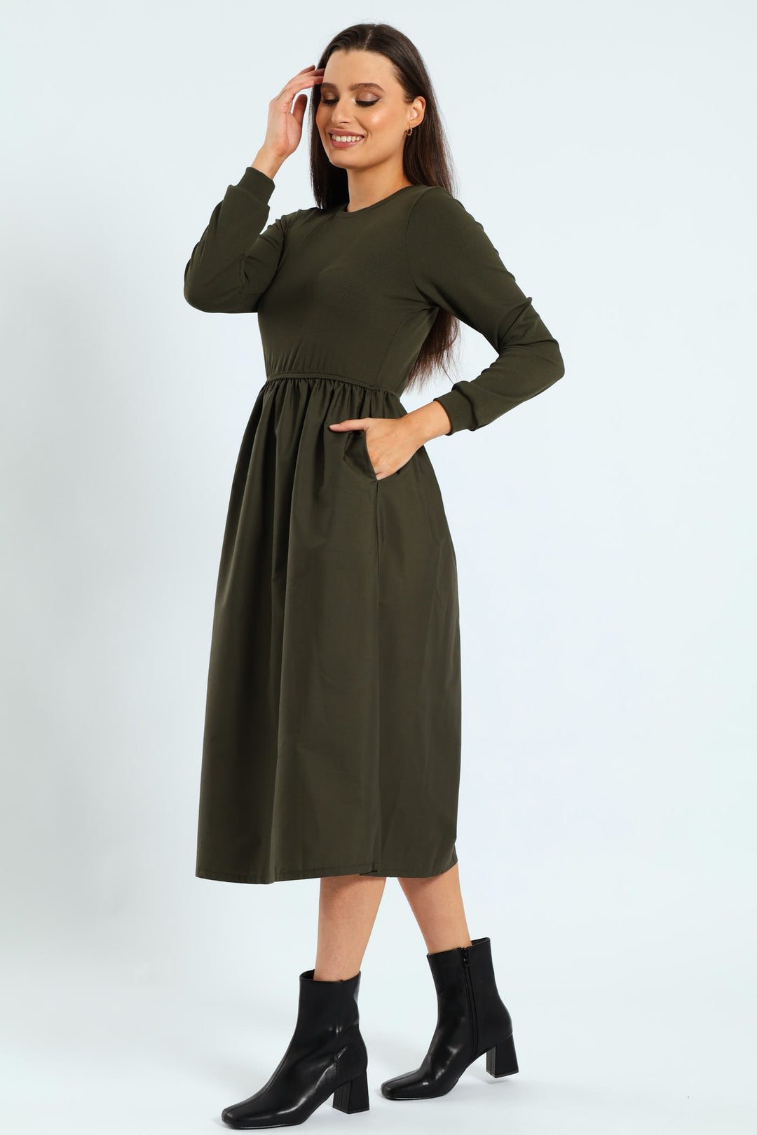 Long Sleeve Rib Combo Midi Dress - Dark Fatigue