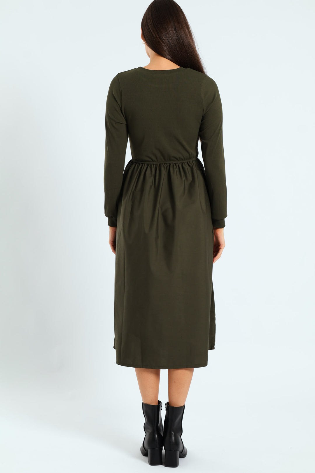 Long Sleeve Rib Combo Midi Dress - Dark Fatigue