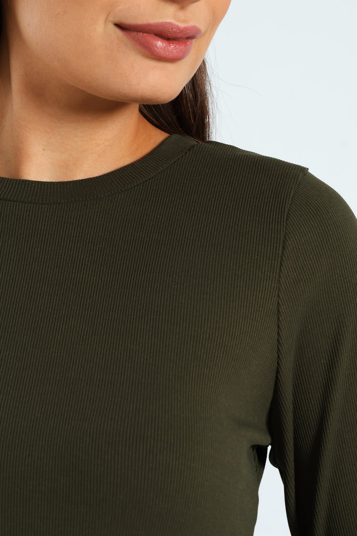 Long Sleeve Rib Combo Midi Dress - Dark Fatigue