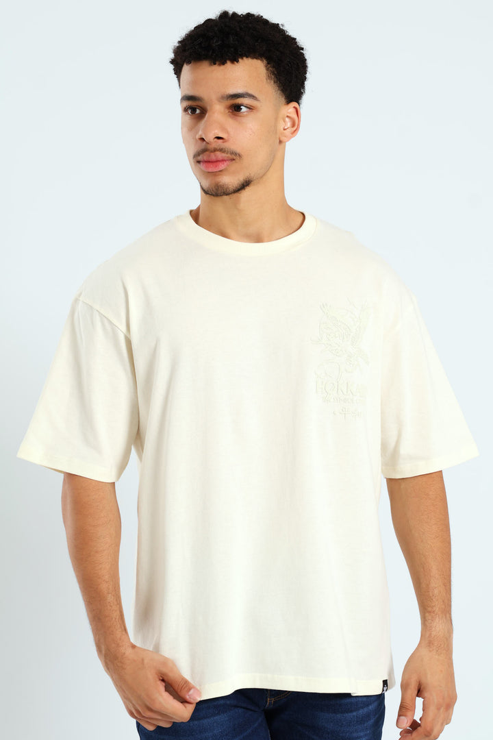 Oversized Tonal Eagle Front & Back Print Tee - Ecru