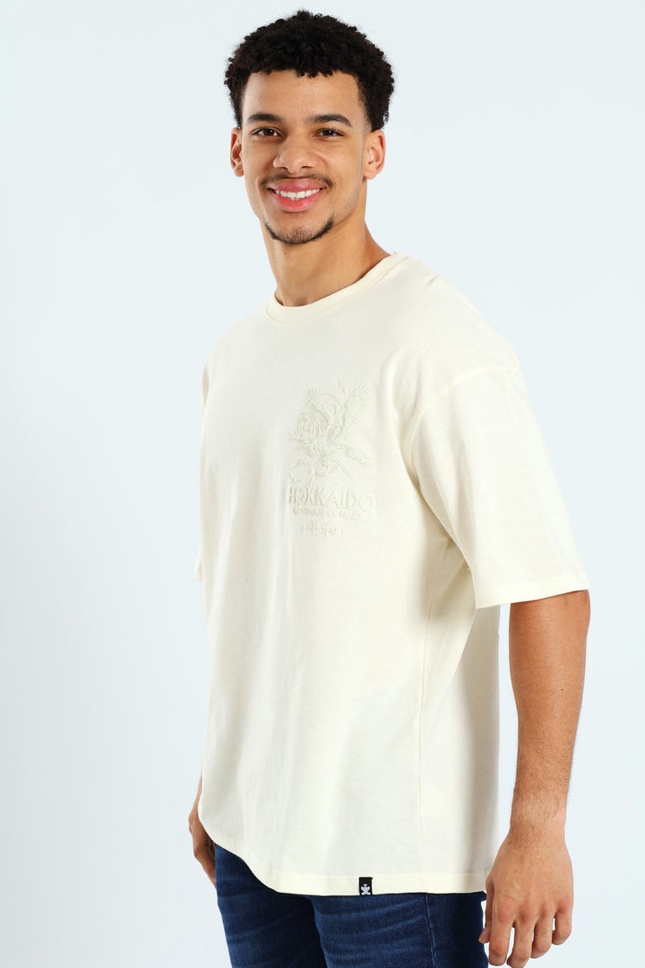 Oversized Tonal Eagle Front & Back Print Tee - Ecru