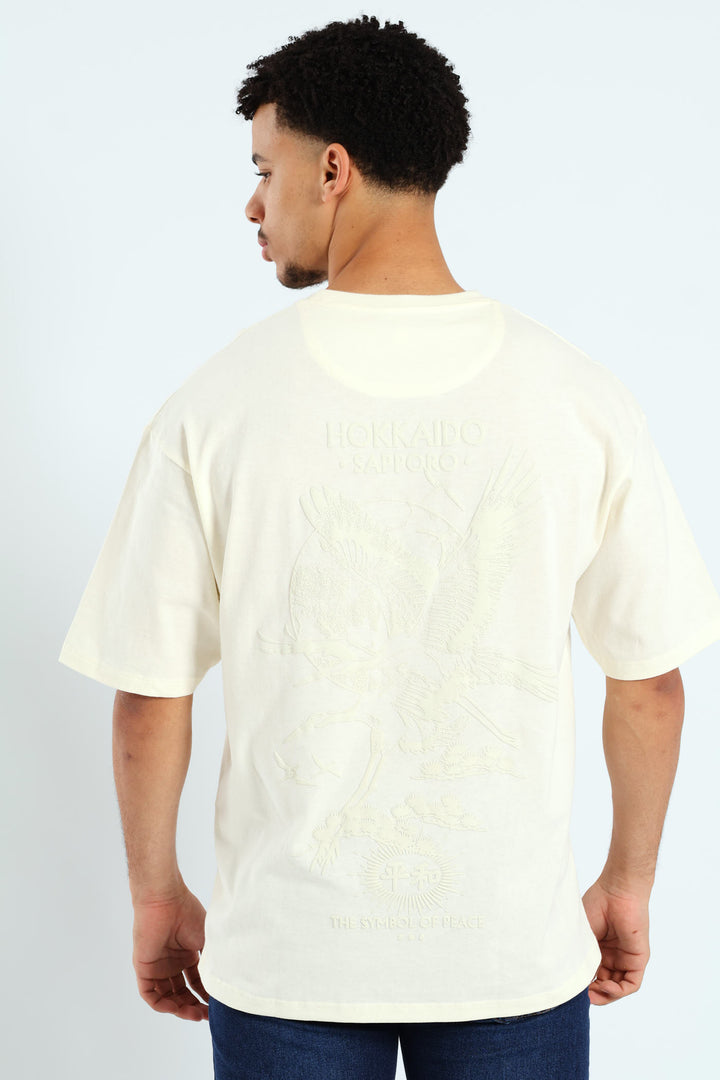 Oversized Tonal Eagle Front & Back Print Tee - Ecru