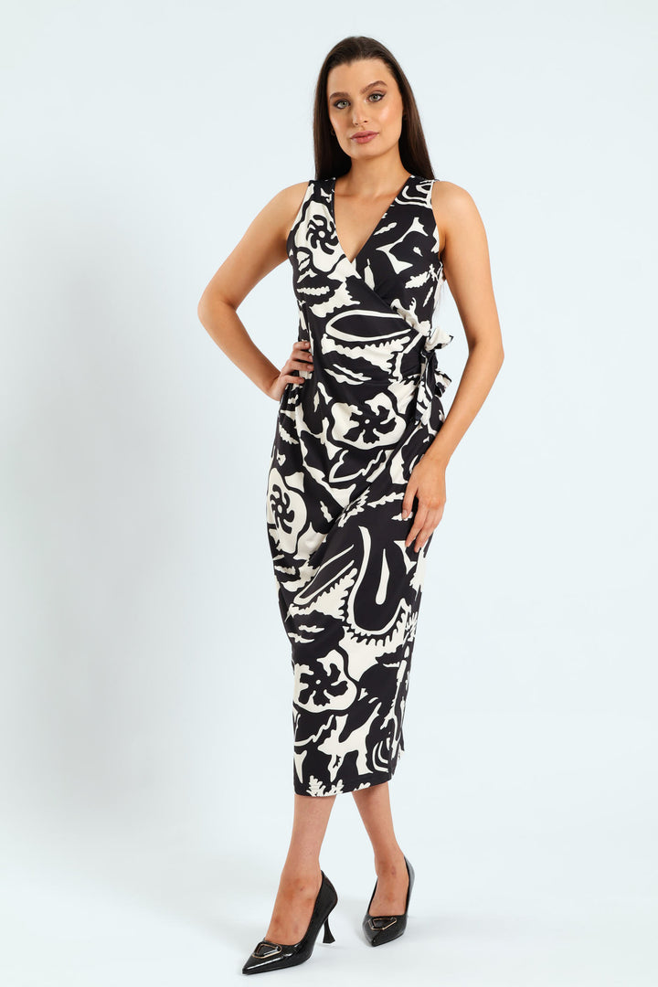 Wrap Tie-Up Monochrome Midi Dress - Black/Cream