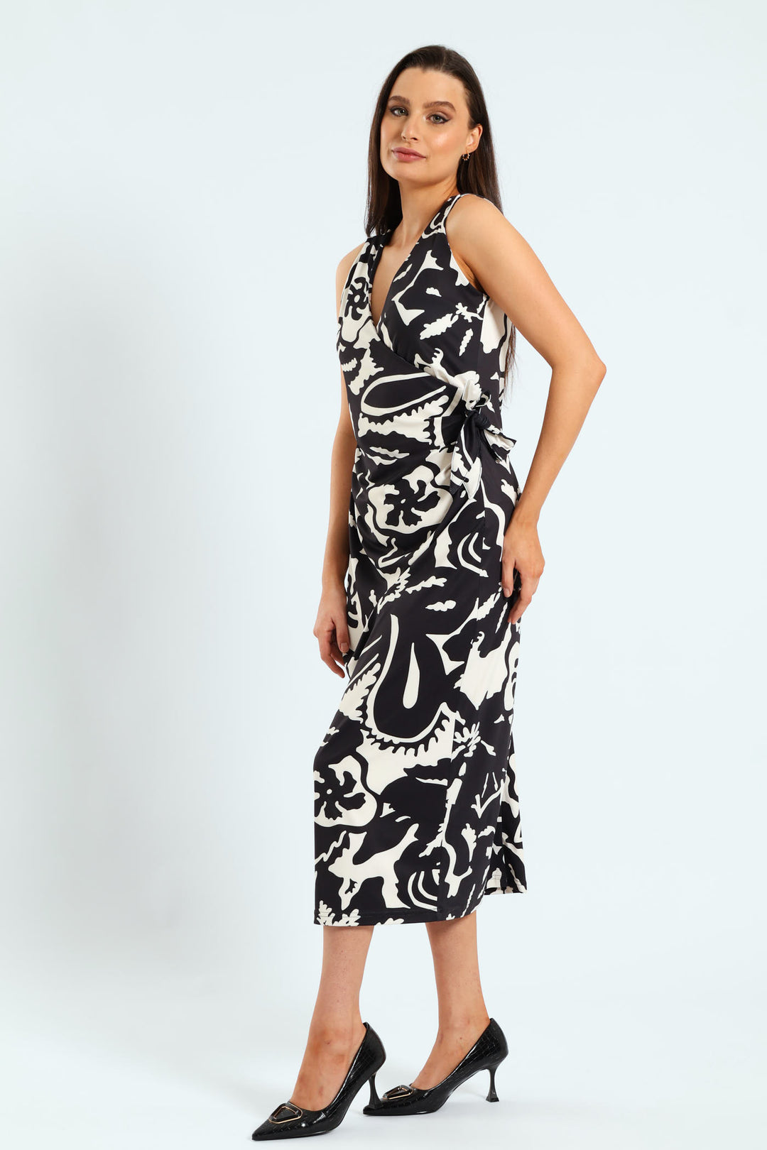 Wrap Tie-Up Monochrome Midi Dress - Black/Cream
