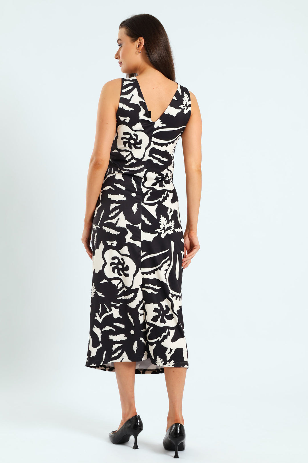 Wrap Tie-Up Monochrome Midi Dress - Black/Cream