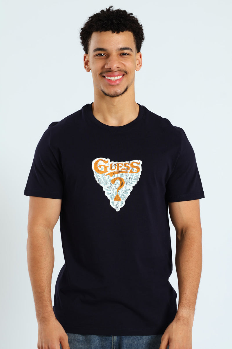Short Sleeve Circle Neck Abstract Triangle Tee - Navy