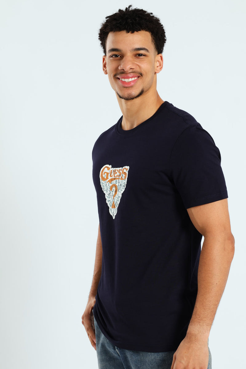 Short Sleeve Circle Neck Abstract Triangle Tee - Navy