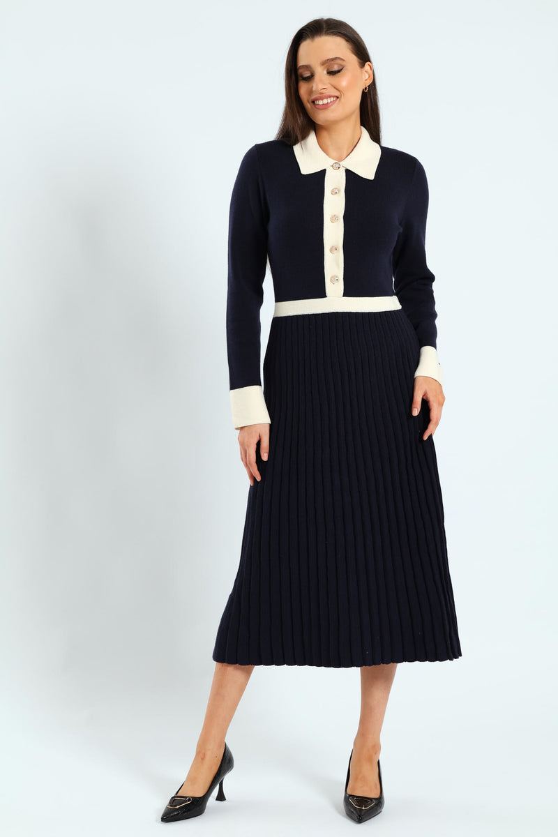 Preppy Pleated Knitwear Midi Dress - Navy