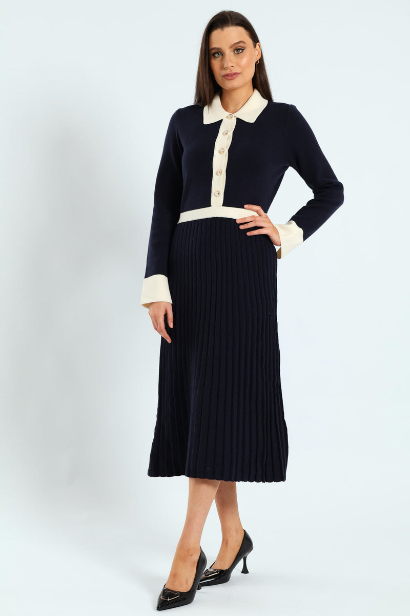 Preppy Pleated Knitwear Midi Dress - Navy