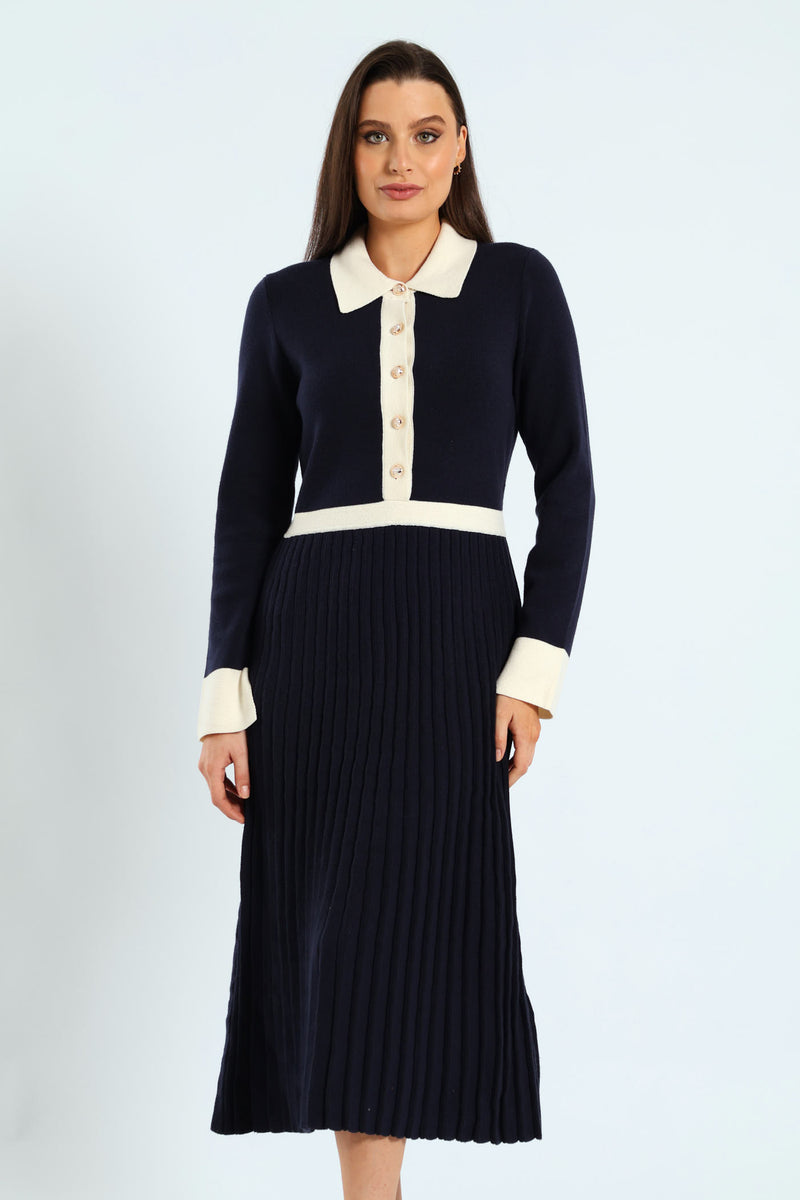 Preppy Pleated Knitwear Midi Dress - Navy