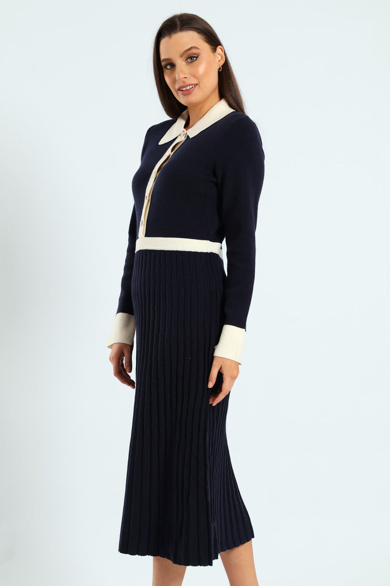 Preppy Pleated Knitwear Midi Dress - Navy