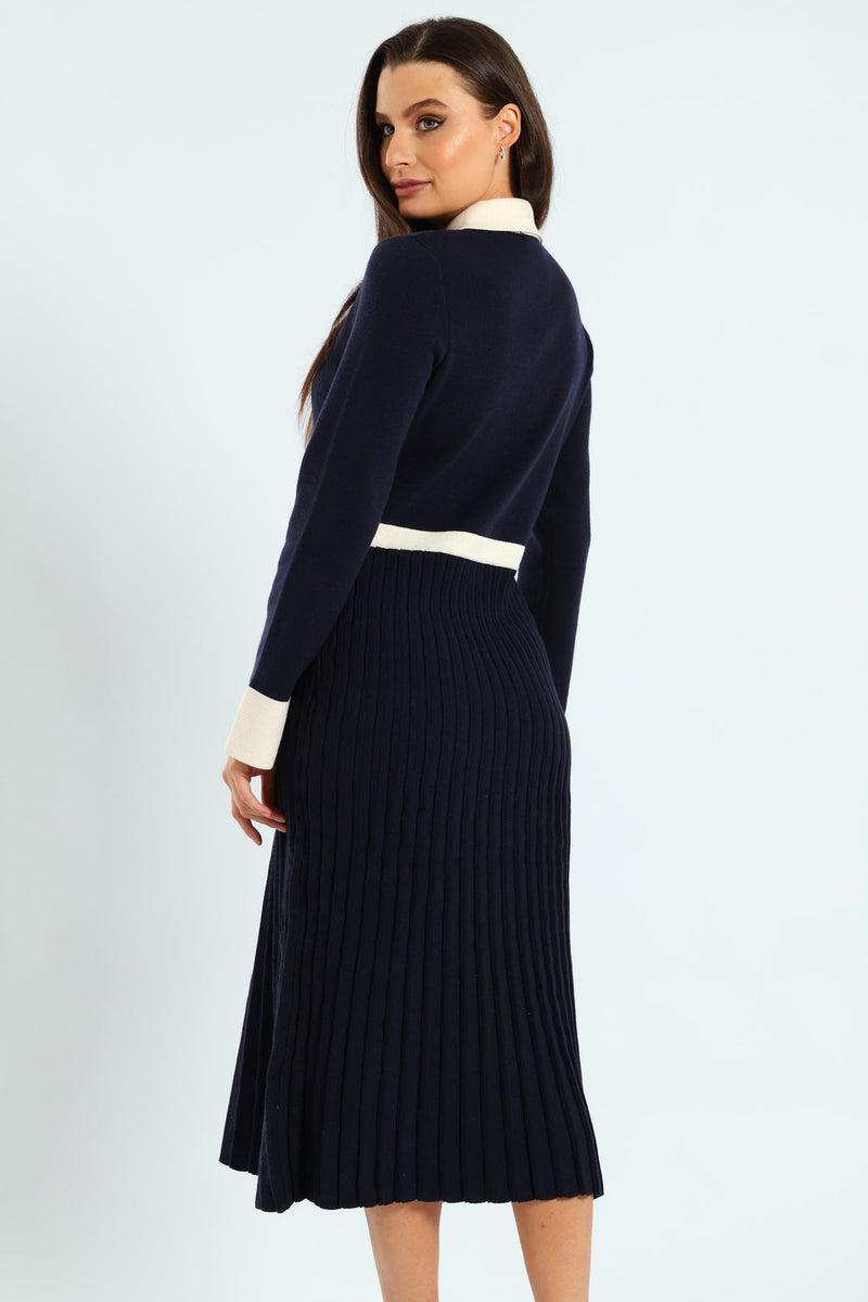 Preppy Pleated Knitwear Midi Dress - Navy