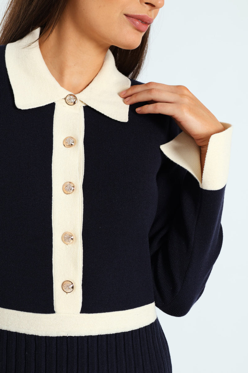 Preppy Pleated Knitwear Midi Dress - Navy