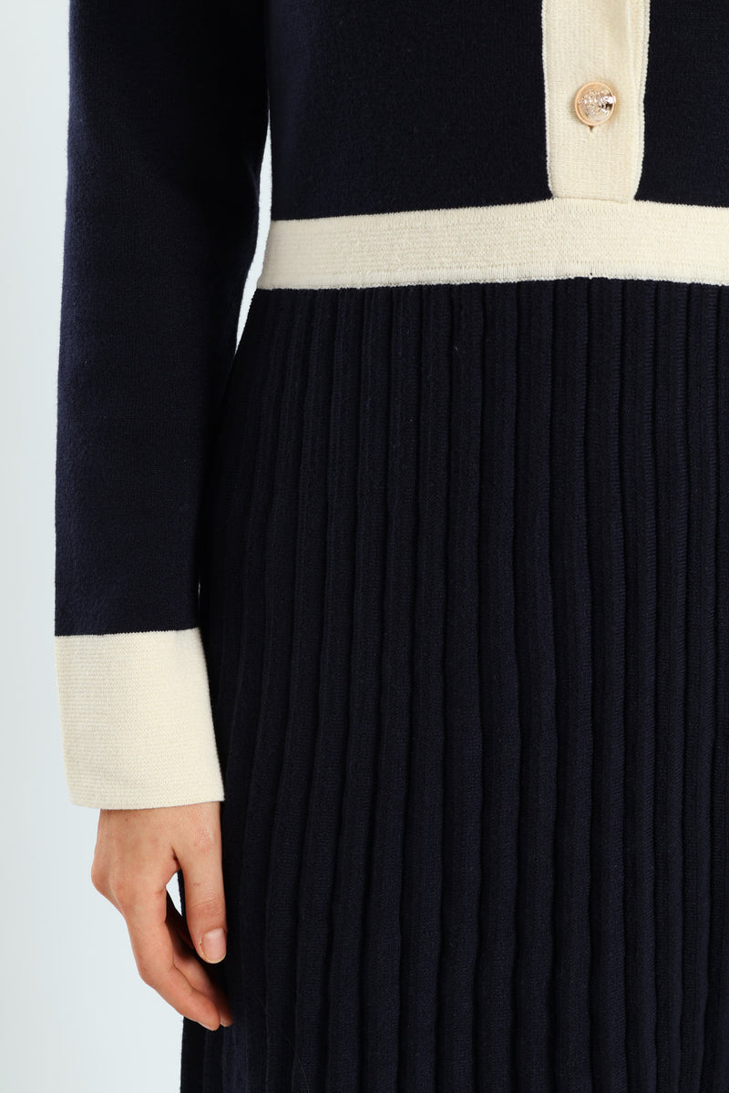 Preppy Pleated Knitwear Midi Dress - Navy