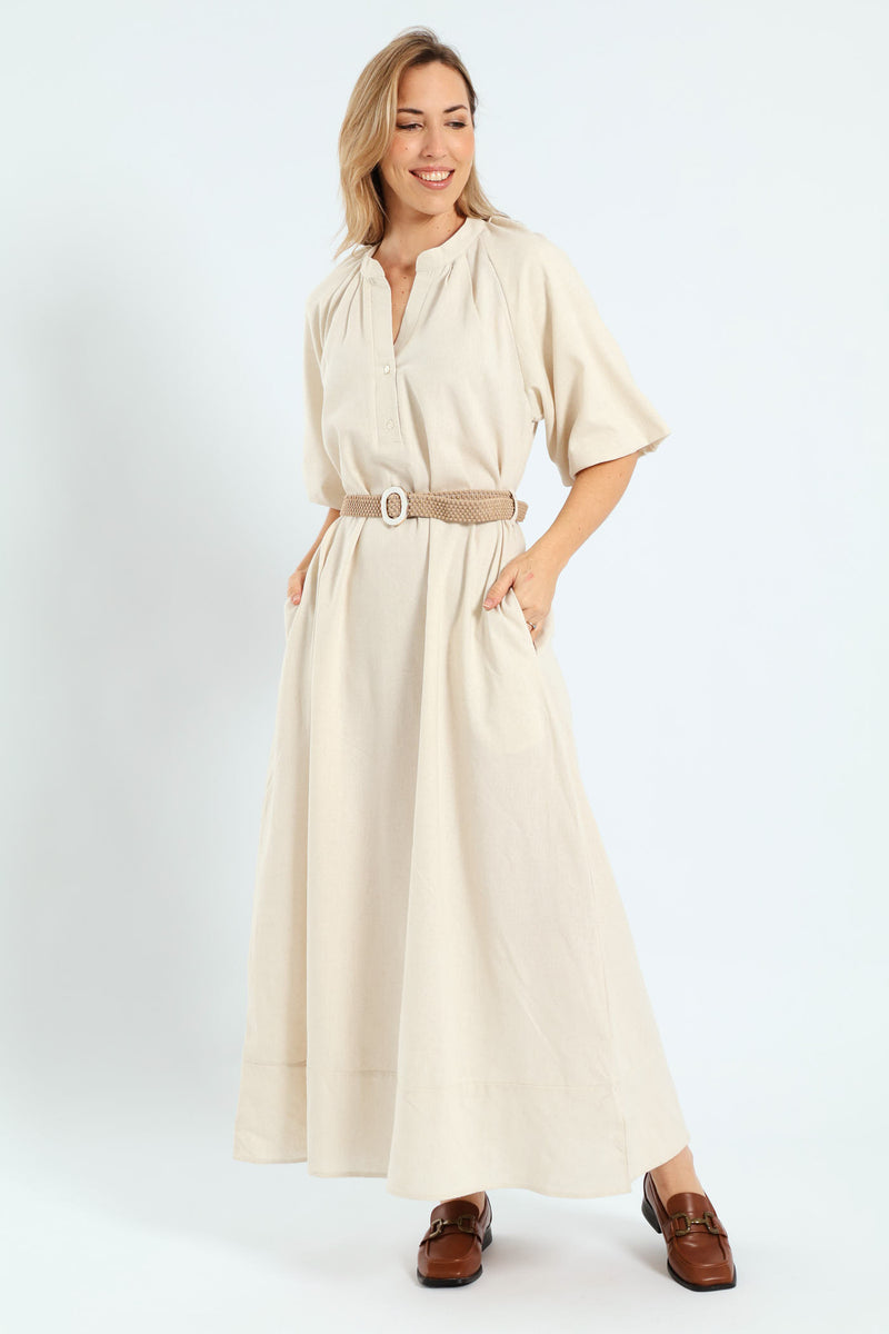 Bubble Sleeve Half Placket Raffia Belt Midaxi Dress - Oatmeal Melange