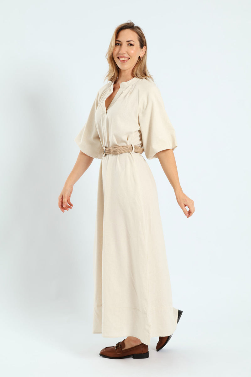 Bubble Sleeve Half Placket Raffia Belt Midaxi Dress - Oatmeal Melange